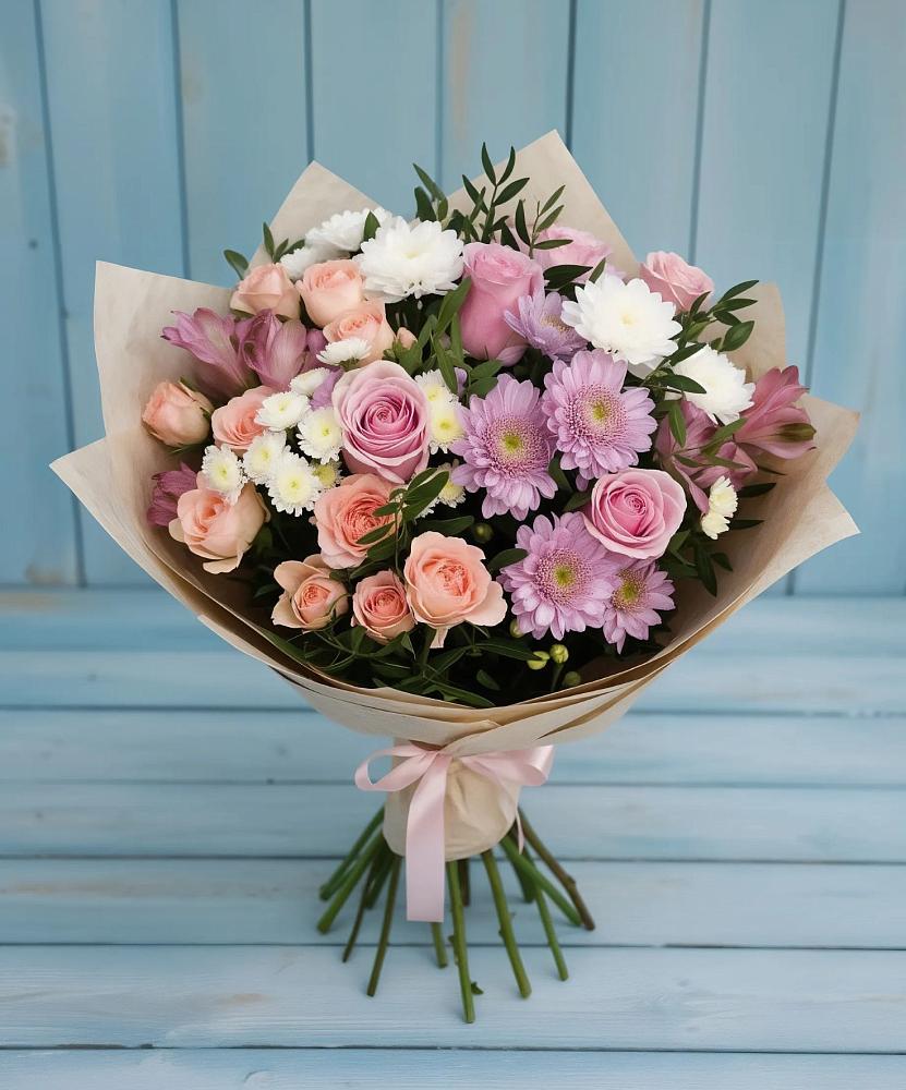 Букет цветов из: Хризантемы, Розы и Альстромерии в Сельниково